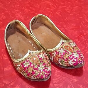 Embellished Pink Kids Slippers with Gold Trim Khussa